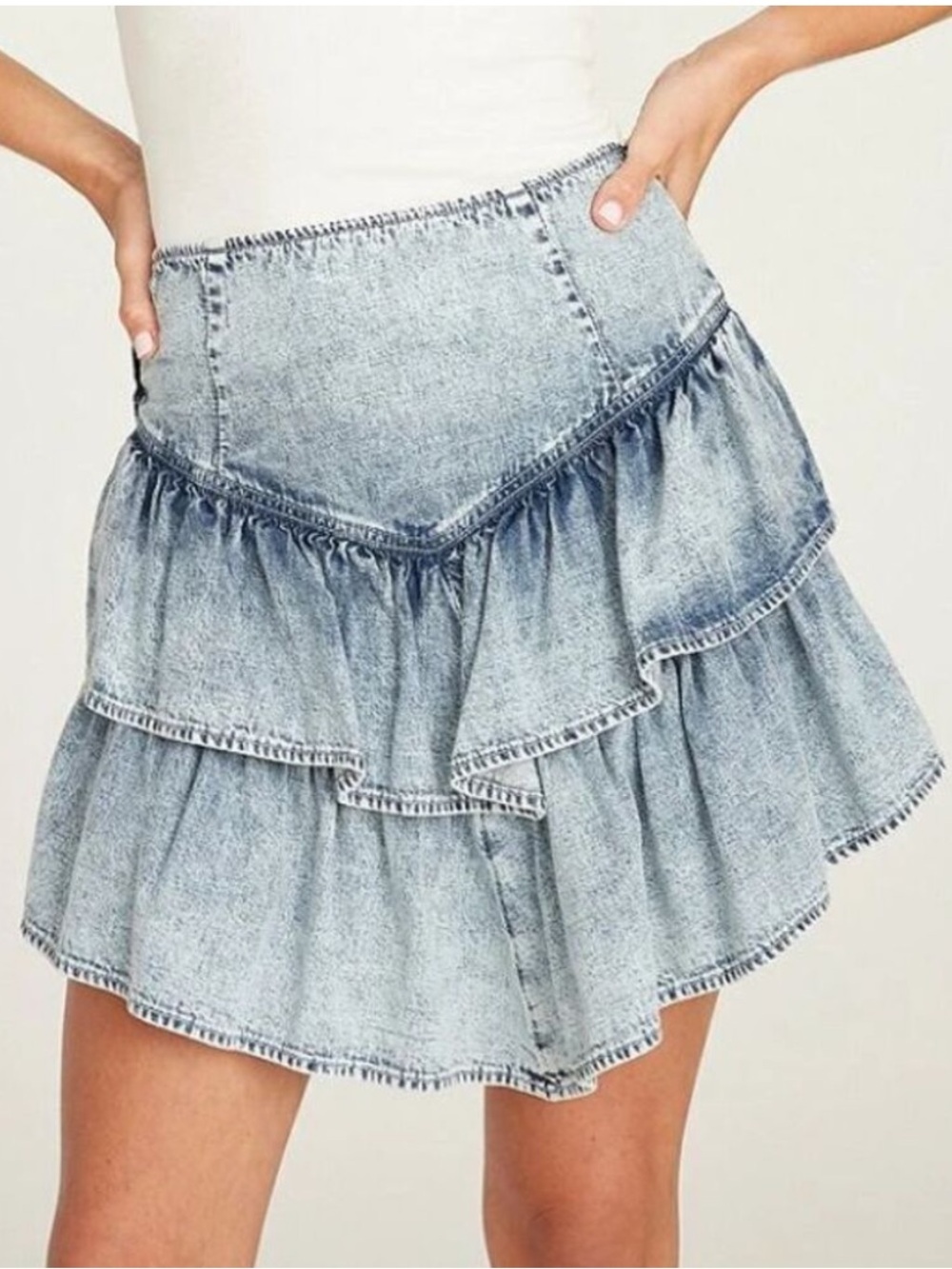 Driftwood Layered Denim Mini Skirt Acid Wash Size XL Tiered Ruffle Boho NWT